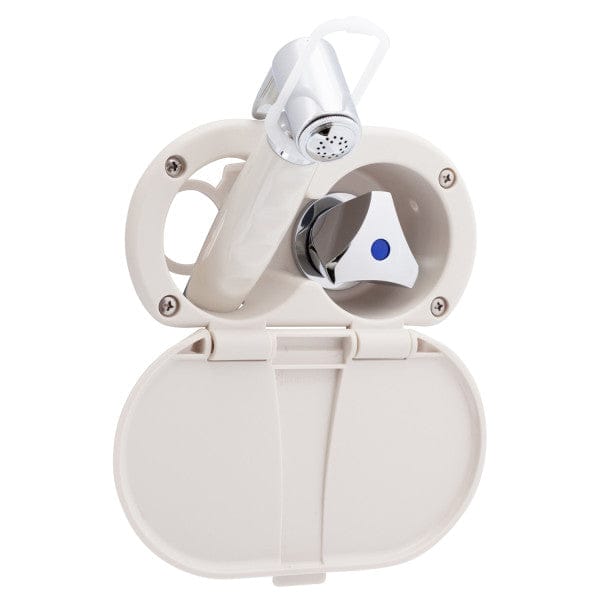 Trinidad- Transom Shower (Cold Only), Warm White Cup & Lid, Hammer-Head Warm White Sprayer, 10' White Rubber Hose, Chrome Trinidad Handle Ambassador Marine AMBM-136-0214-WH