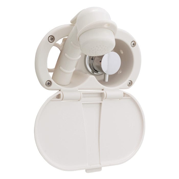 Aidack- Transom Shower (Hot/Cold Mixer), Warm White Cup & Lid, Small Warm White Sprayer, 6' White Rubber Hose, Chrome Aidack Handle Ambassador Marine AMBM-136-1700-WH