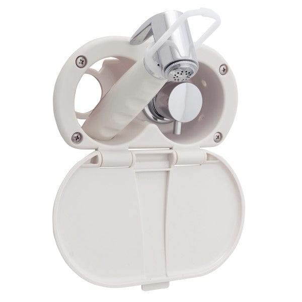 Aidack- Transom Shower (Hot/Cold Mixer), Warm White Cup & Lid, Hammer-Head Warm White Sprayer, 10' White Rubber Hose, Chrome Aidack Handle Ambassador Marine AMBM-136-1714-WH