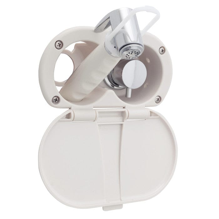 Aidack- Transom Shower (Hot/Cold Mixer), Warm White Cup & Lid, Hammer-Head Warm White Sprayer, 6' Stainless Steel Hose, Chrome Aidack Handle Ambassador Marine AMBM-136-1716-WH