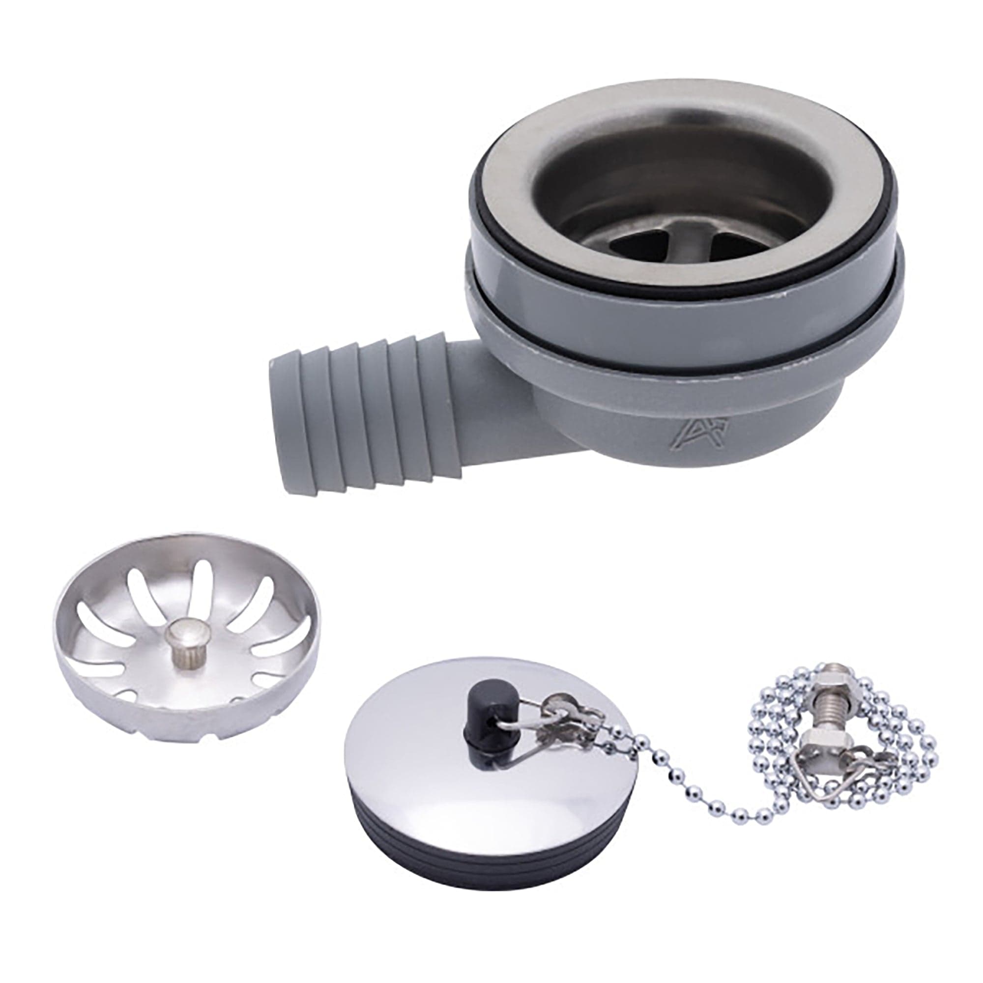 Ambassador Marine S00-1102-BP-R 2" Drain, 95 Degree Drain, Low Profile w/Strainer, 1" Hose Barb, w/Chain Stopper, Brushed Finish