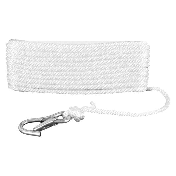 3/8" x 50' Solid Braid MFP Anchor Line w/ Hook, White - Attwood 11723-7