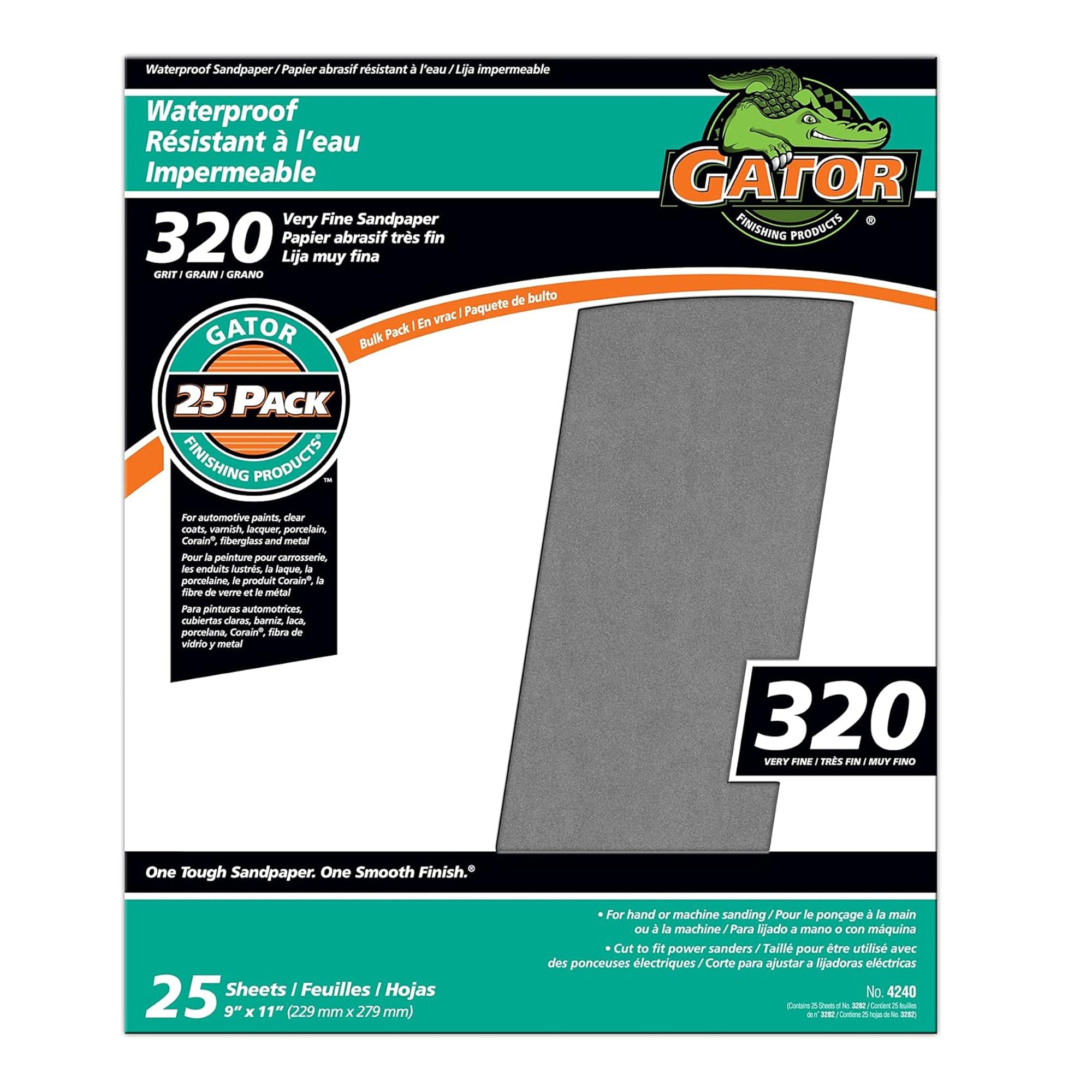 9"x11" 320 Grit Wet/Dry Sandpaper Gator Grit 25 Pack 4240