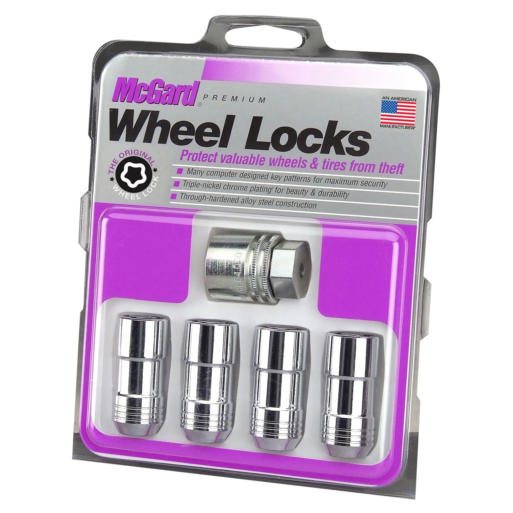 Wheel Lock Set M12x1.75 Nut Cone Seat, Dual 19mm & 21mm Hex, 1.815"Oal-chrome McGard 24160