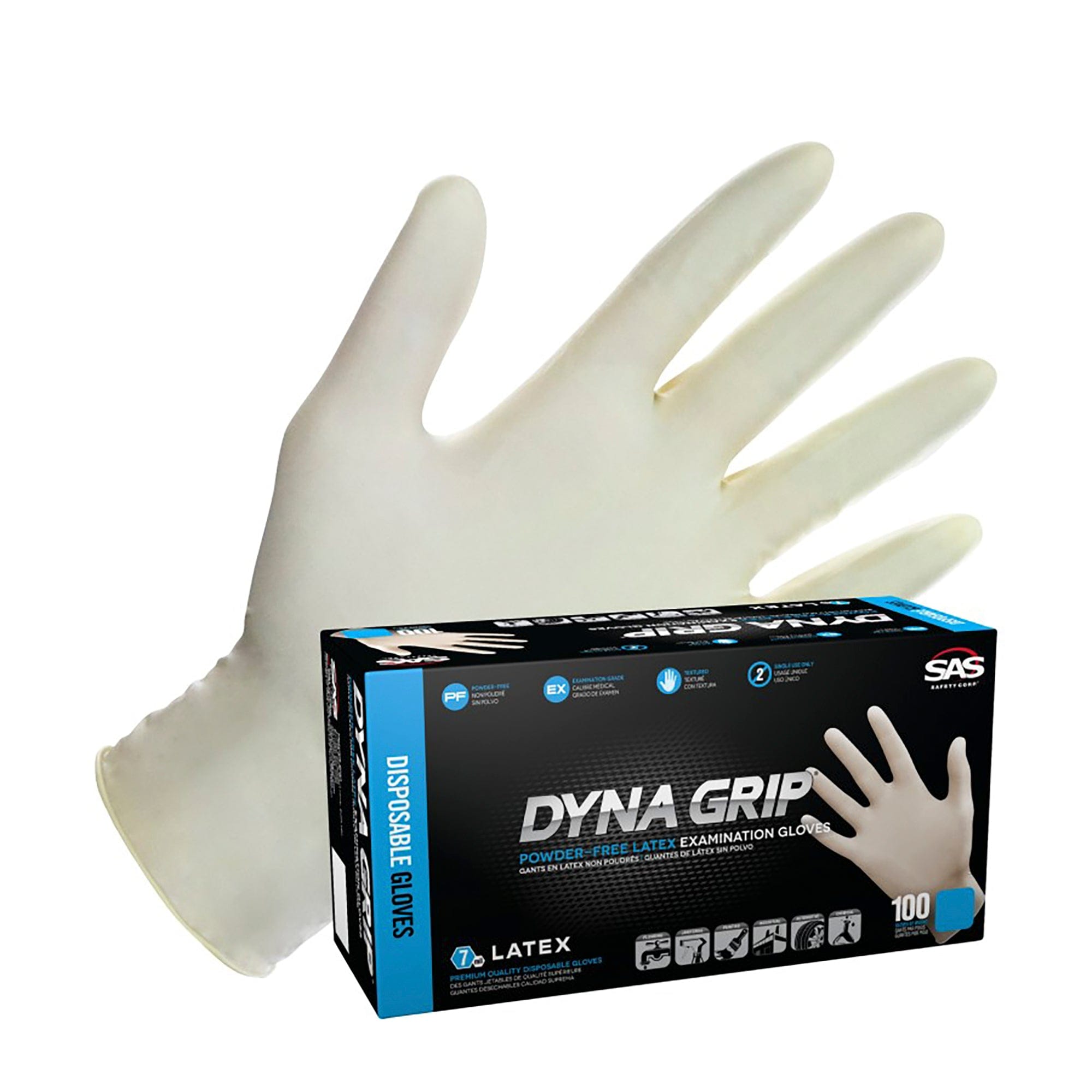 SAS Safety Corp. 650-1003 Dyna Grip Powder-Free Exam Grade Latex - 7 mil - 100 Gloves per box (by weight) Lrg