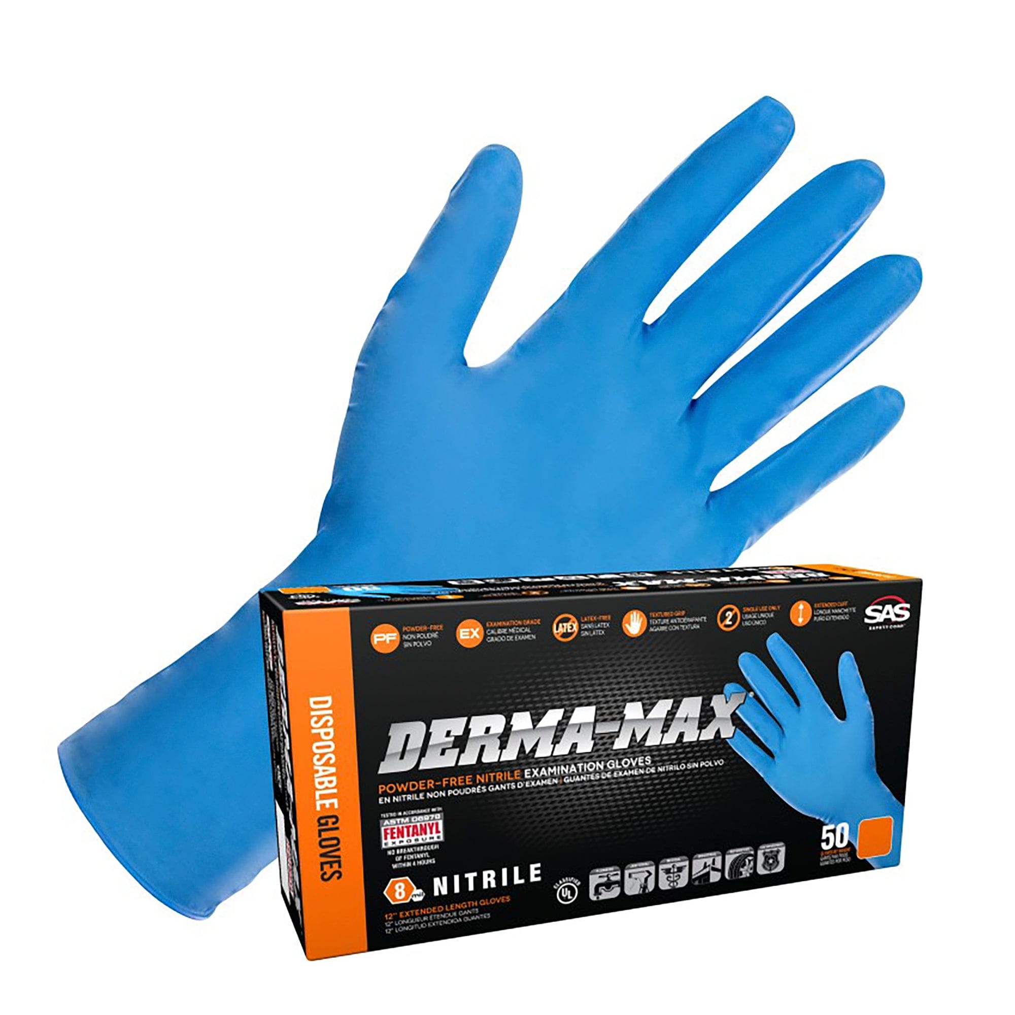 SAS Safety Corp. 6609-40 Derma-Max Powder-Free Exam Grade Nitrile - 8 mil - 50 Gloves per box (by weight) XLrg