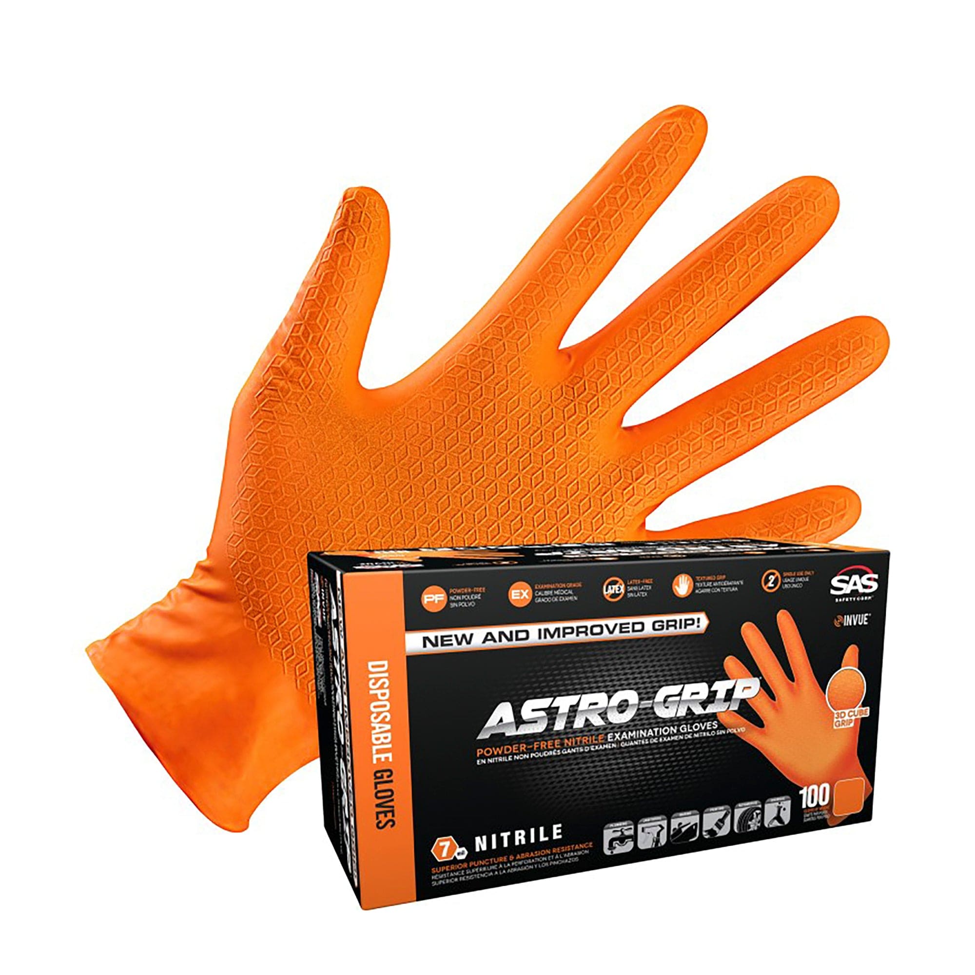 Astro-Grip 3D Cube Grip Powder-Free Exam Grade Nitrile - 7 mil - 100 Gloves - Large 66473 SAS Safety Corp.