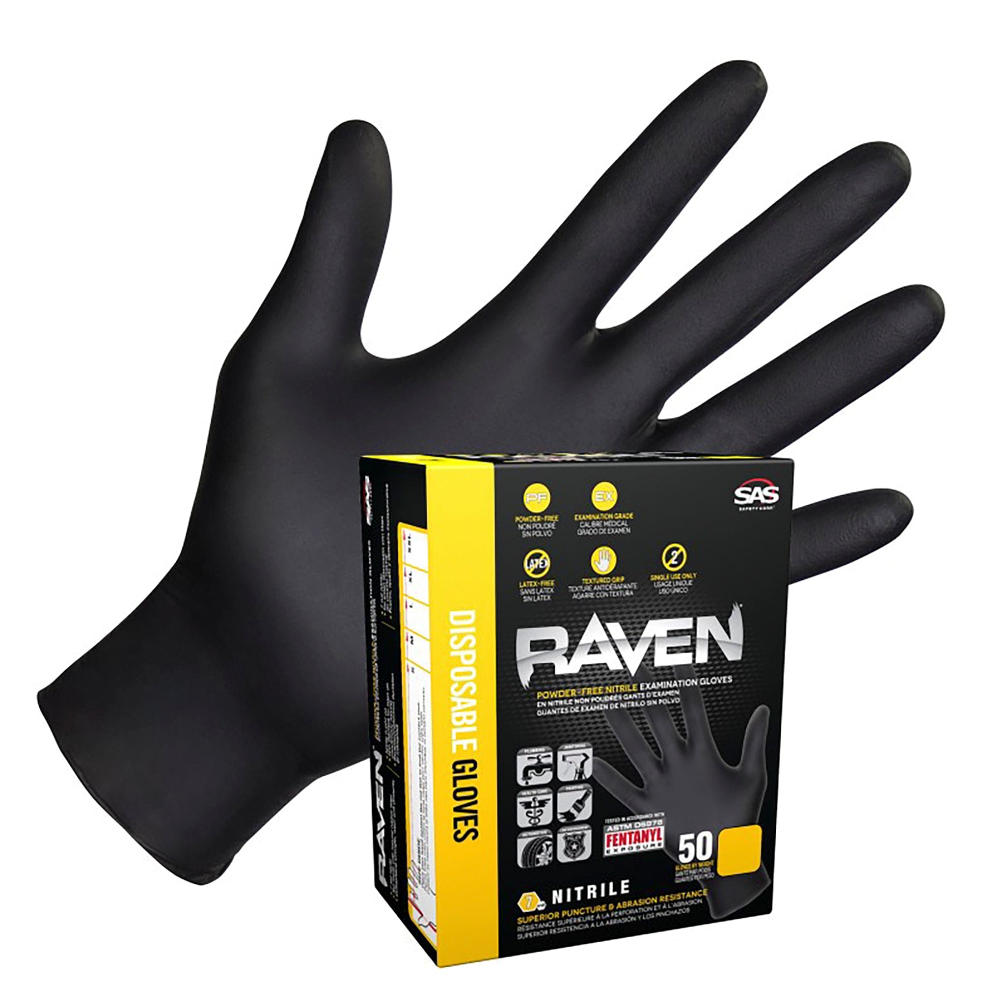 SAS Safety Corp. 66518-01 Raven Powder-Free Exam Grade Nitrile - 7 mil - 50 Gloves per box (by weight) Lrg