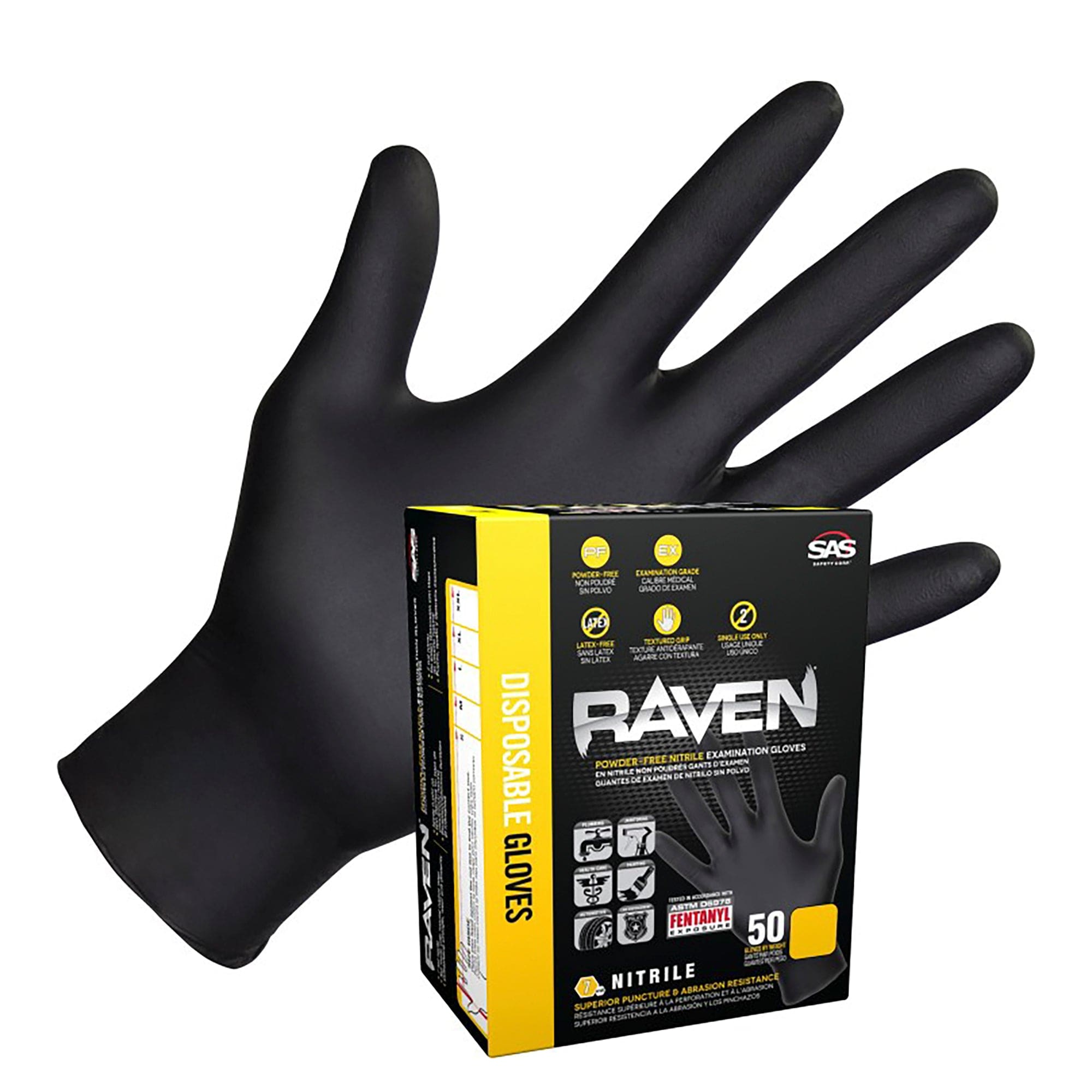 SAS Safety Corp. 66519-01 Raven Powder-Free Exam Grade Nitrile - 7 mil - 50 Gloves per box (by weight) XLrg