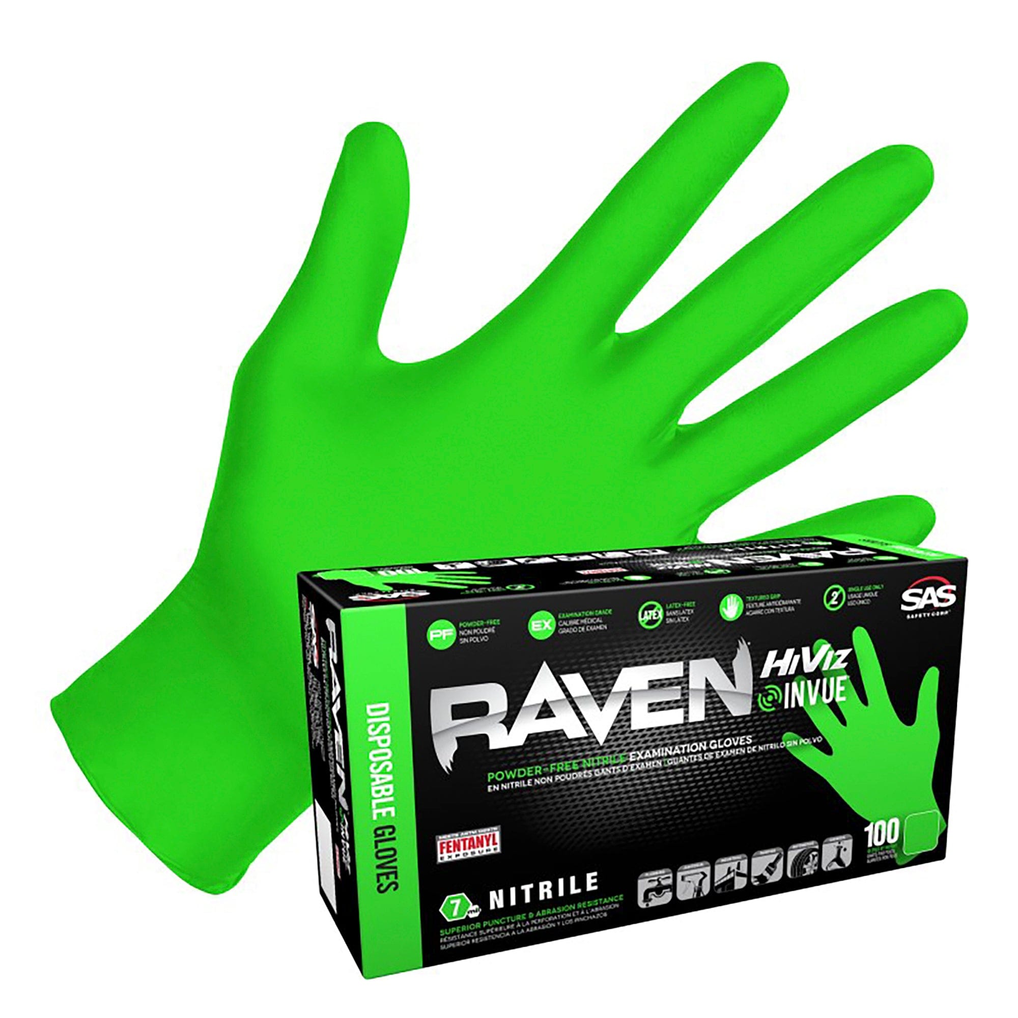 Raven Hi-Viz InVue Powder-Free Exam Grade Nitrile - 7 mil - S - 100 Gloves - Small 66550 SAS Safety Corp.