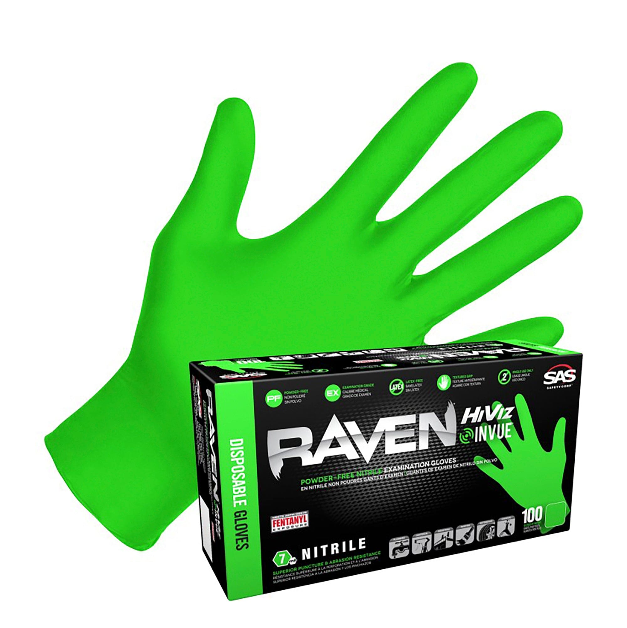 SAS Safety Corp. 66551 Raven Hi-Viz InVue Powder-Free Exam Grade Nitrile - 7 mil - 100 Gloves - Medium