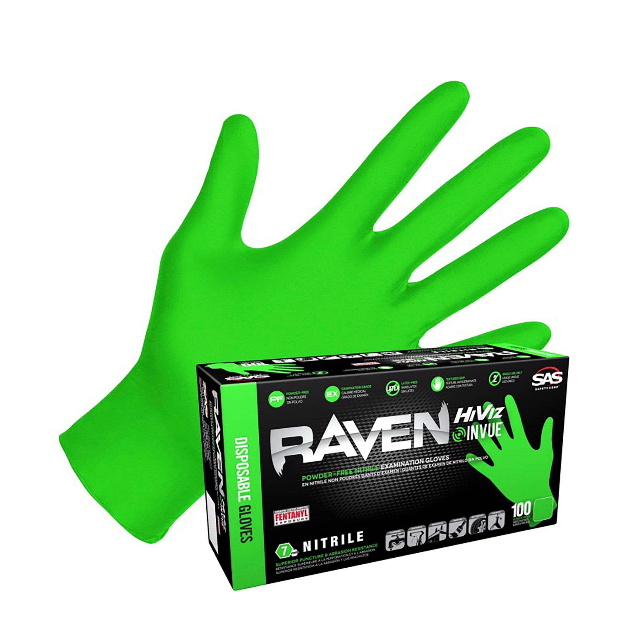 Raven Hi-Viz InVue Powder-Free Exam Grade Nitrile - 7 mil - 100 Gloves - Large 66552 SAS Safety Corp.