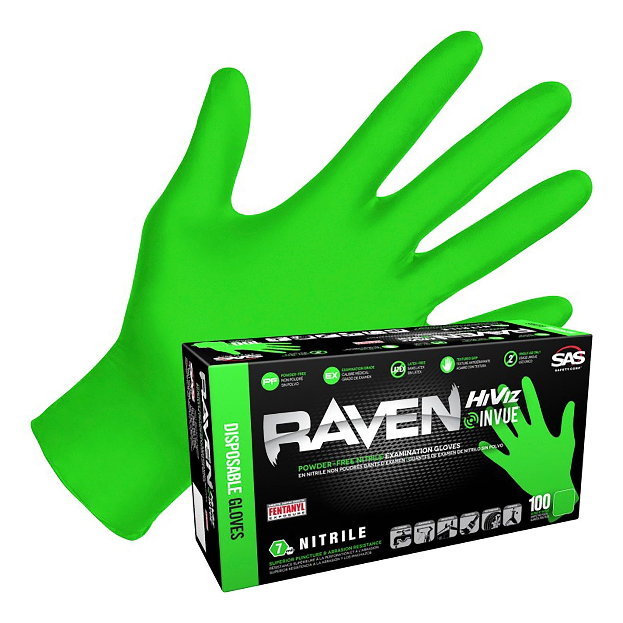 Raven Hi-Viz InVue Powder-Free Exam Grade Nitrile - 7 mil - 100 Gloves - 2 X Large 66554 SAS Safety Corp.