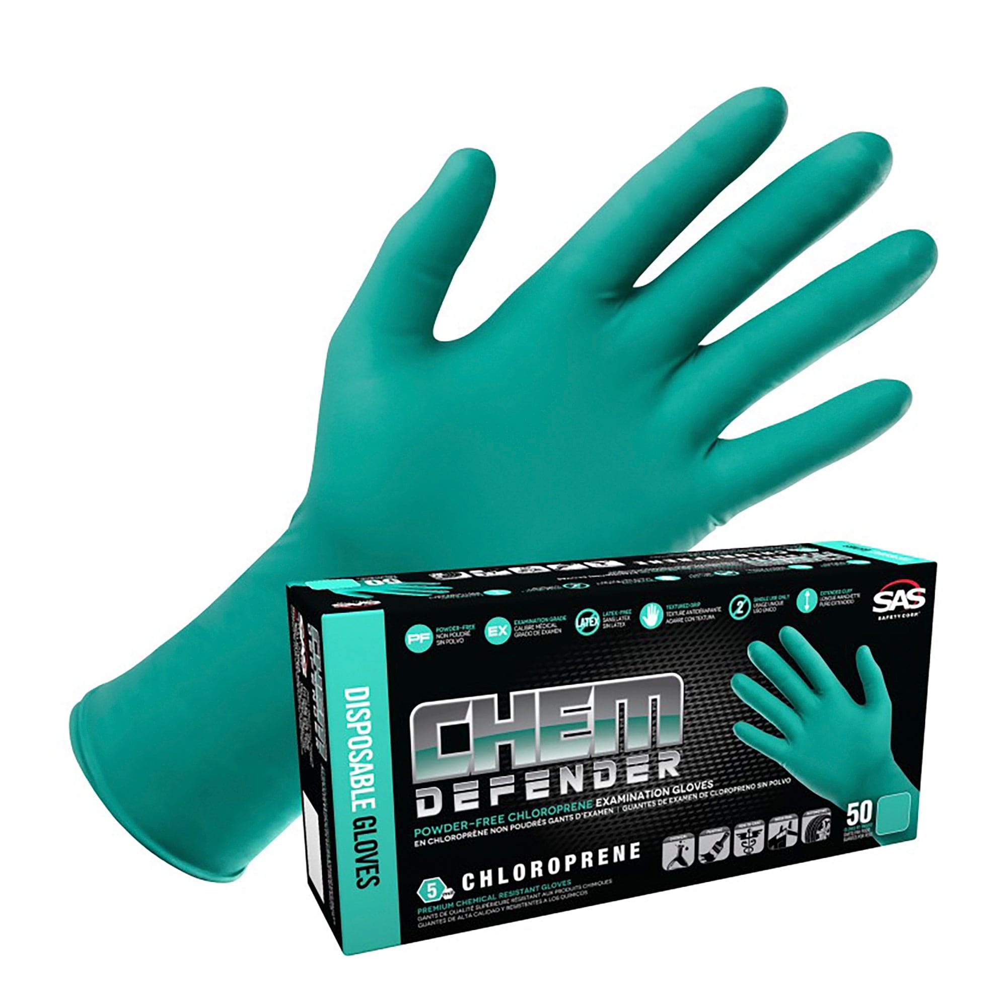 SAS Safety Corp. 66591 ChemDefender Powder-Free Exam Grade Chloroprene - 5 mil - 50 Gloves per box (by weight) Sml