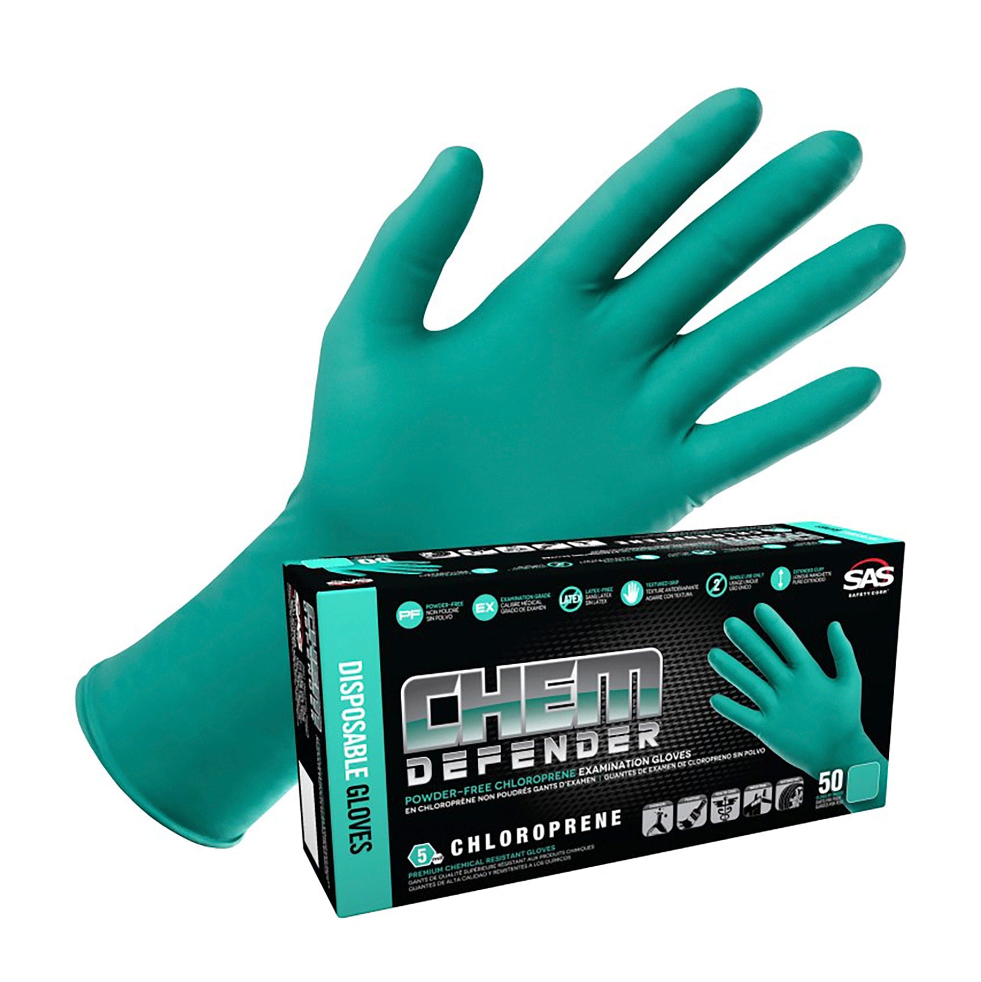 SAS Safety Corp. 66595 ChemDefender Powder-Free Exam Grade Chloroprene - 5 mil - 50 Gloves per box (by weight) 2XLrg