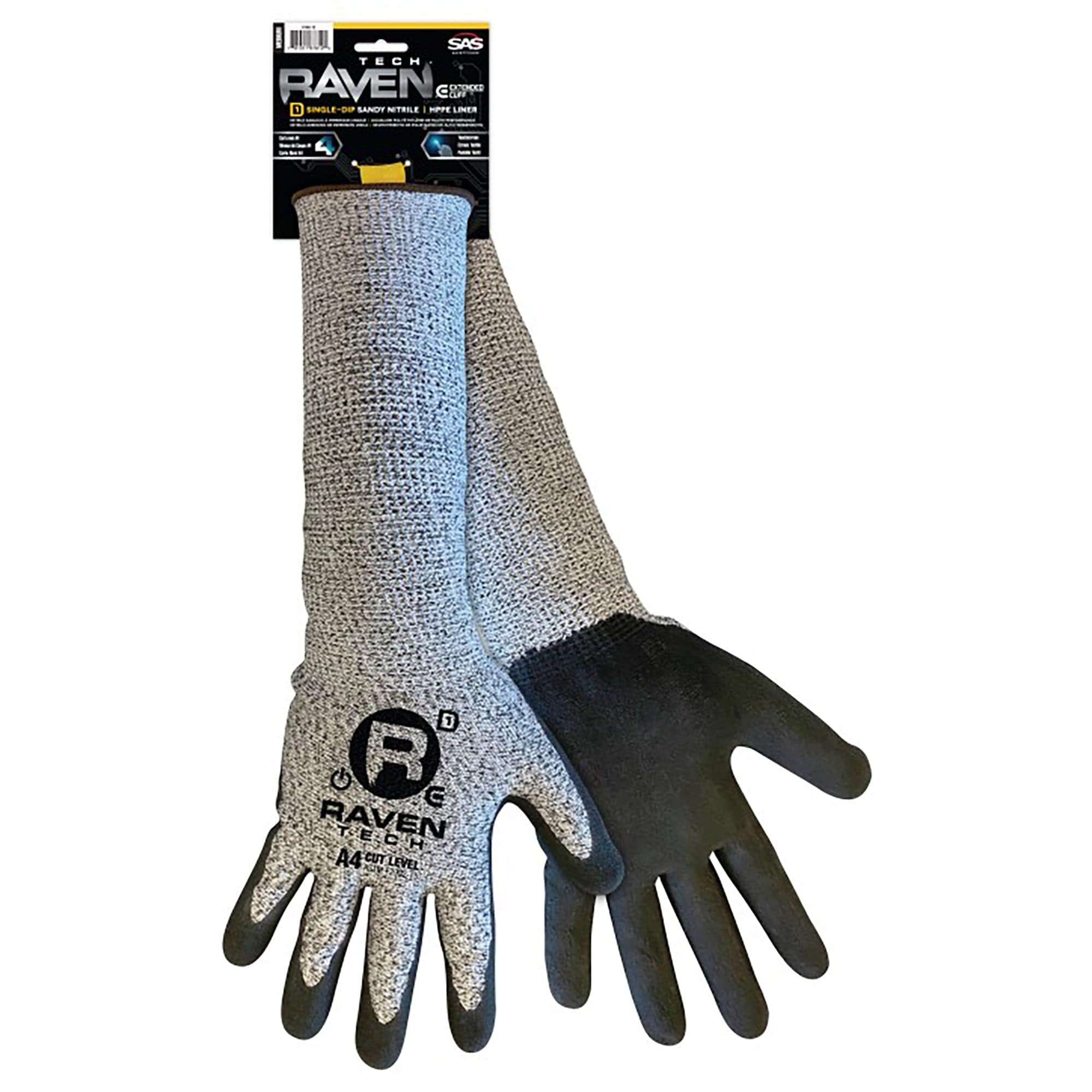 Raven Tech Extended Cuff Nitrile Dipped Sandy Finish Cut Level A4 Gloves - Retail - Lrg - SAS Safety 6780-13