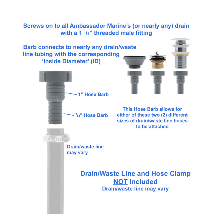 Ambassador Marine S00-0020-PL-R Straight Hose Barb Adapter 1 1/4"-F Thread to 3/4" & 1" Hose Barb