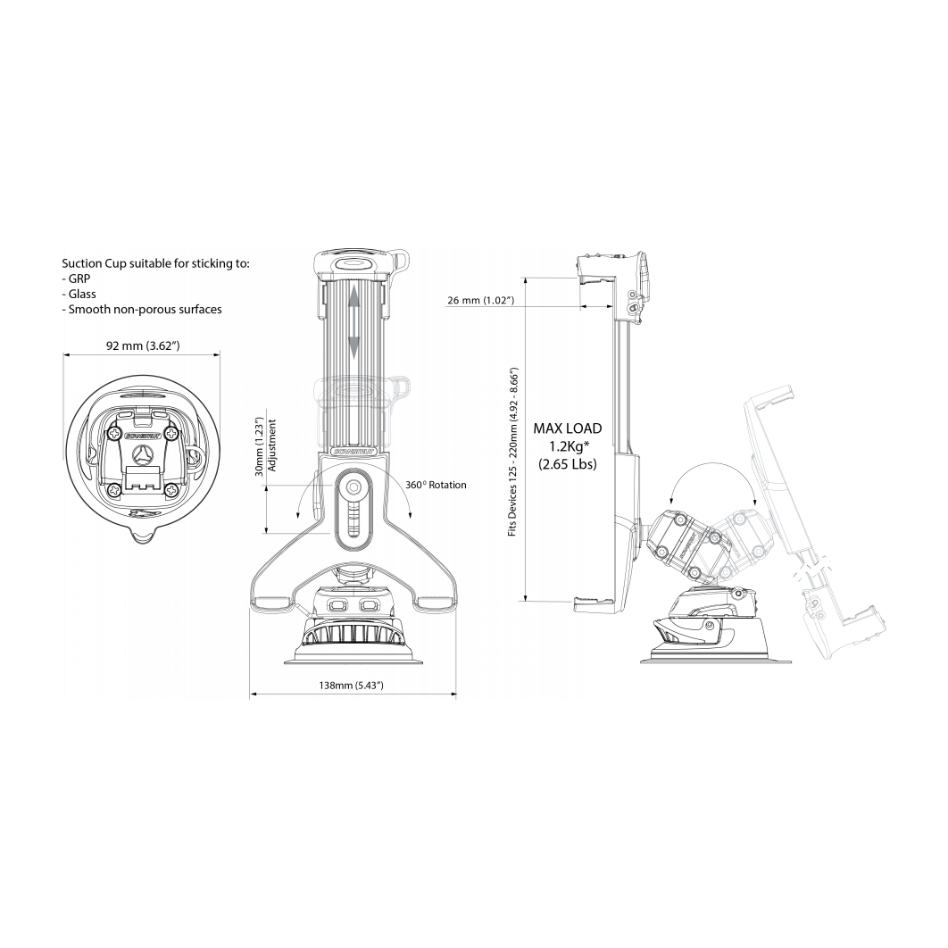 Scanstrut RLS-508-405 Rokk Tablet Mount Kit W/ Suction Cup Base - 125mm-220mm (5-8¼”)