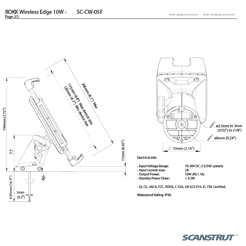 Scanstrut SC-CW-05F ROKK Wireless Edge, Adjustable Phone Charging Mount 10W, 12/24V
