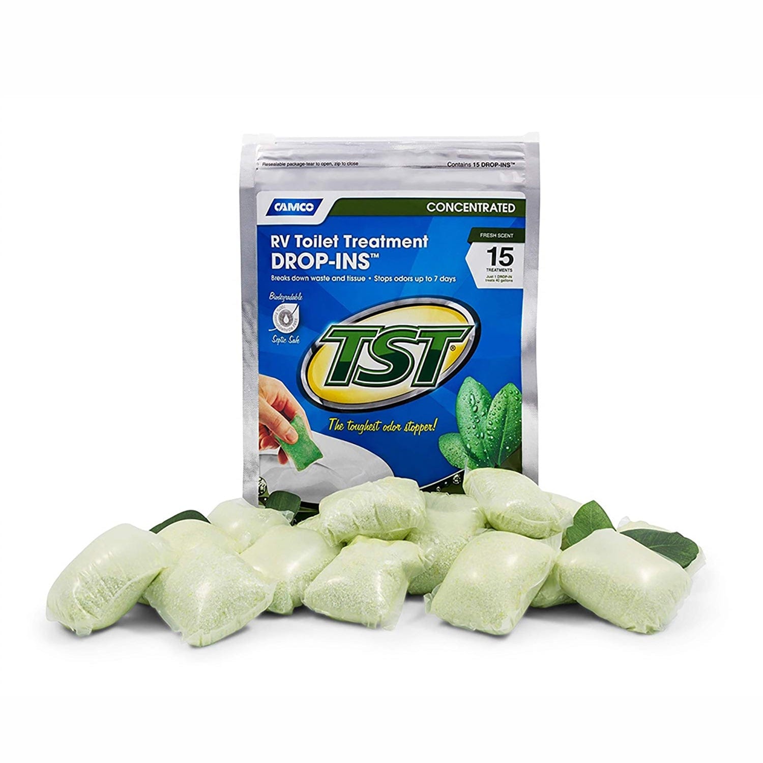 Camco 40264 TST Fresh Scent RV Toilet Treatment 4 Oz. Drop-Ins - 15 Pack