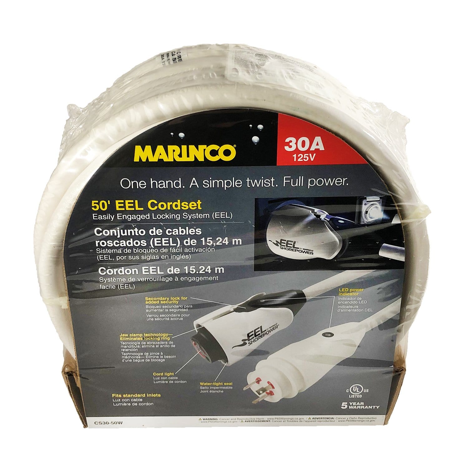 Marinco CS3050W EEL Cordset, 30A 125V, 50', White