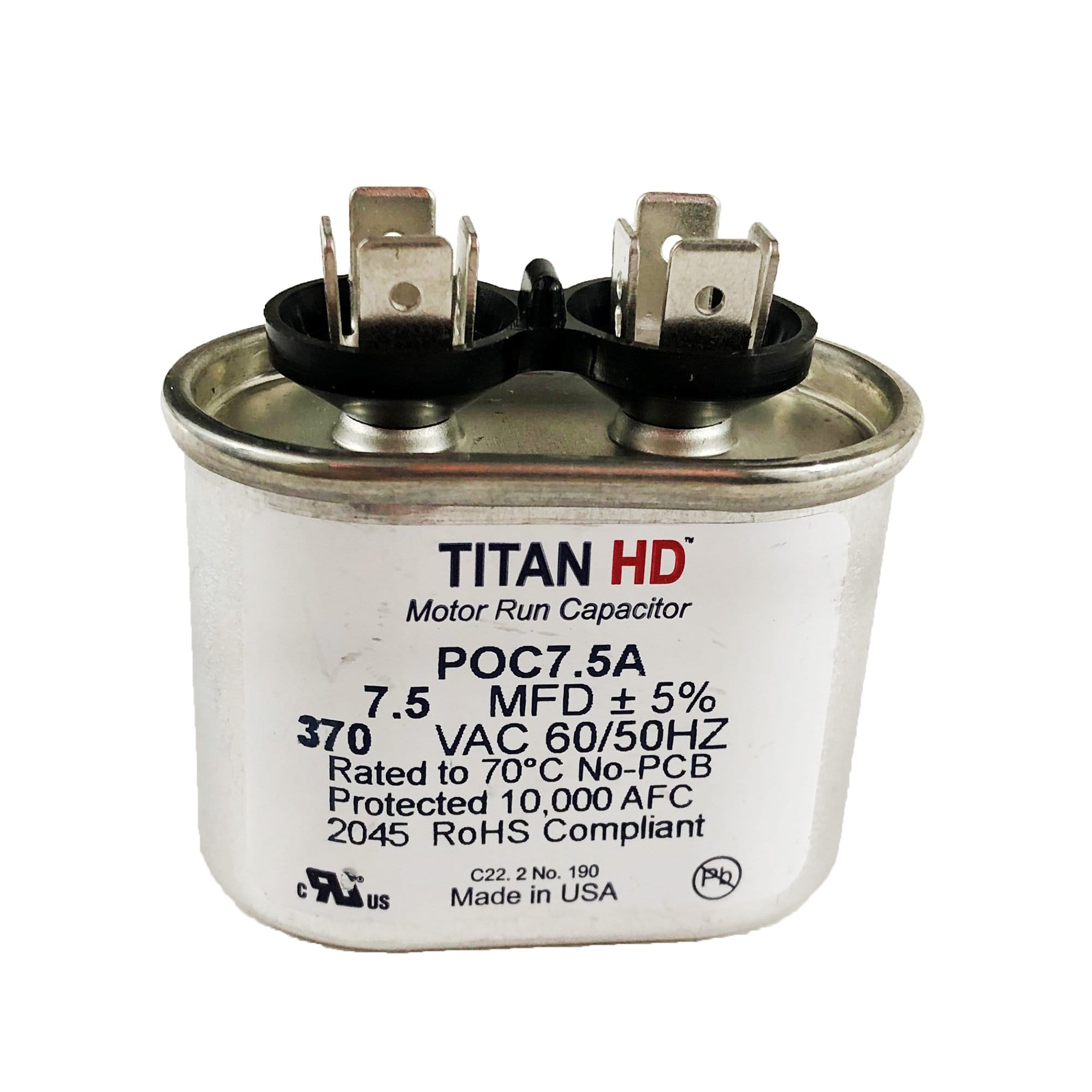 Packard POC7.5A TITAN HD Run Capacitor 7.5 MFD 370 Volt Oval