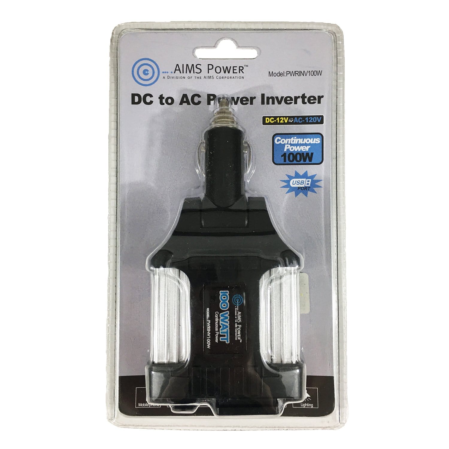 AIMS PWRINV100W 100W Inverter with USB Port 12 VDC 120 VAC 60Hz