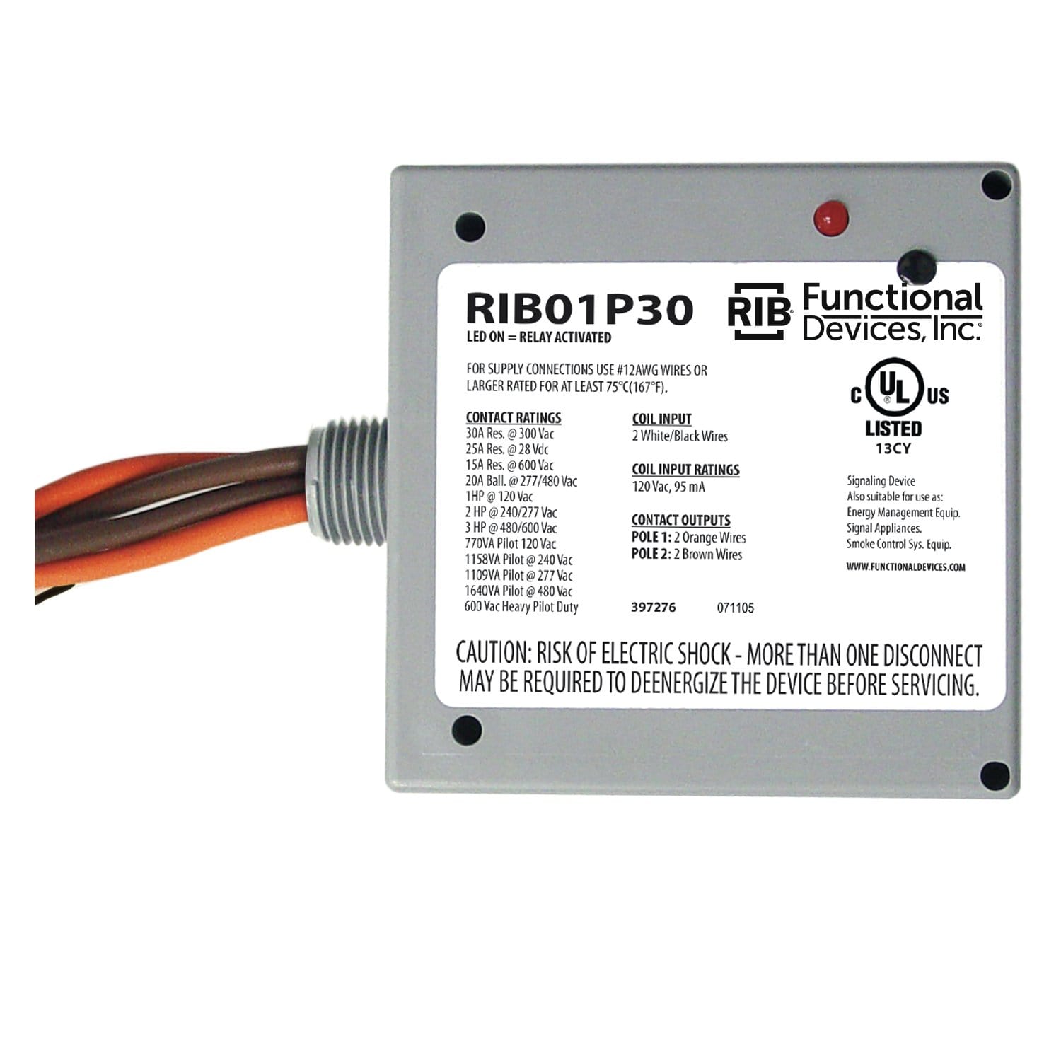 Packard RIB01P30 Functional Devices Enclosed Pilot Relay 30Amp DPST 120Vac