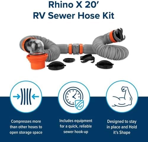 Rhino X 20-Ft Camper/RV Sewer Hose Kit, 4-in-1 Adapter & 360° Swivel RV Sewer Hose Fittings - Camco 39390