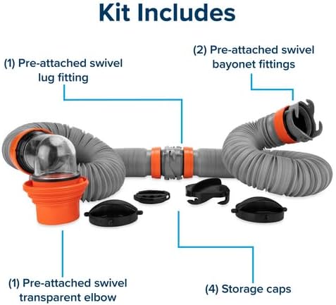 Rhino X 20-Ft Camper/RV Sewer Hose Kit, 4-in-1 Adapter & 360° Swivel RV Sewer Hose Fittings - Camco 39390
