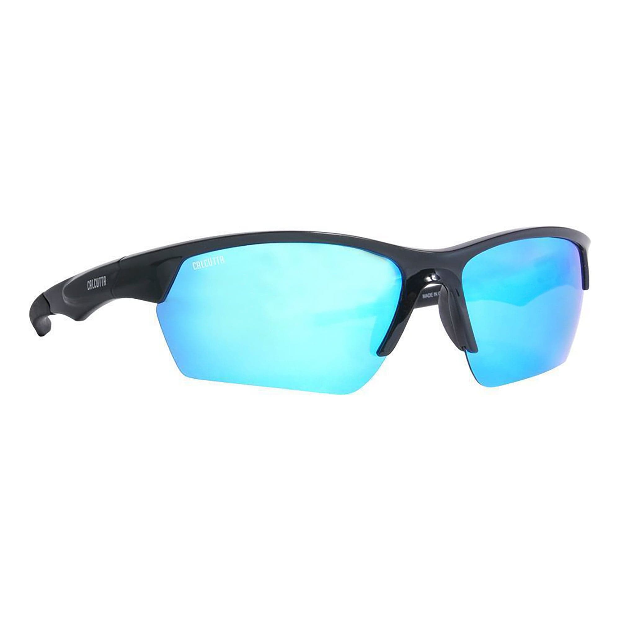 Sunglasses Shiny Black Frame Blue Mirror Lens Calcutta First Strike FS1BM