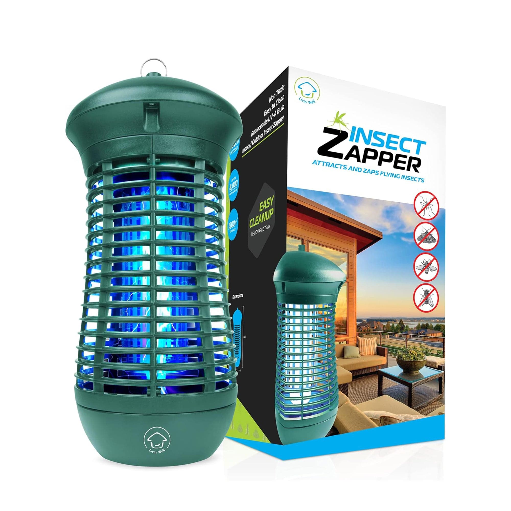 Livin’ Well Bug Zapper Indoor Outdoor - Green, 4000V High Powered Electric Zapper