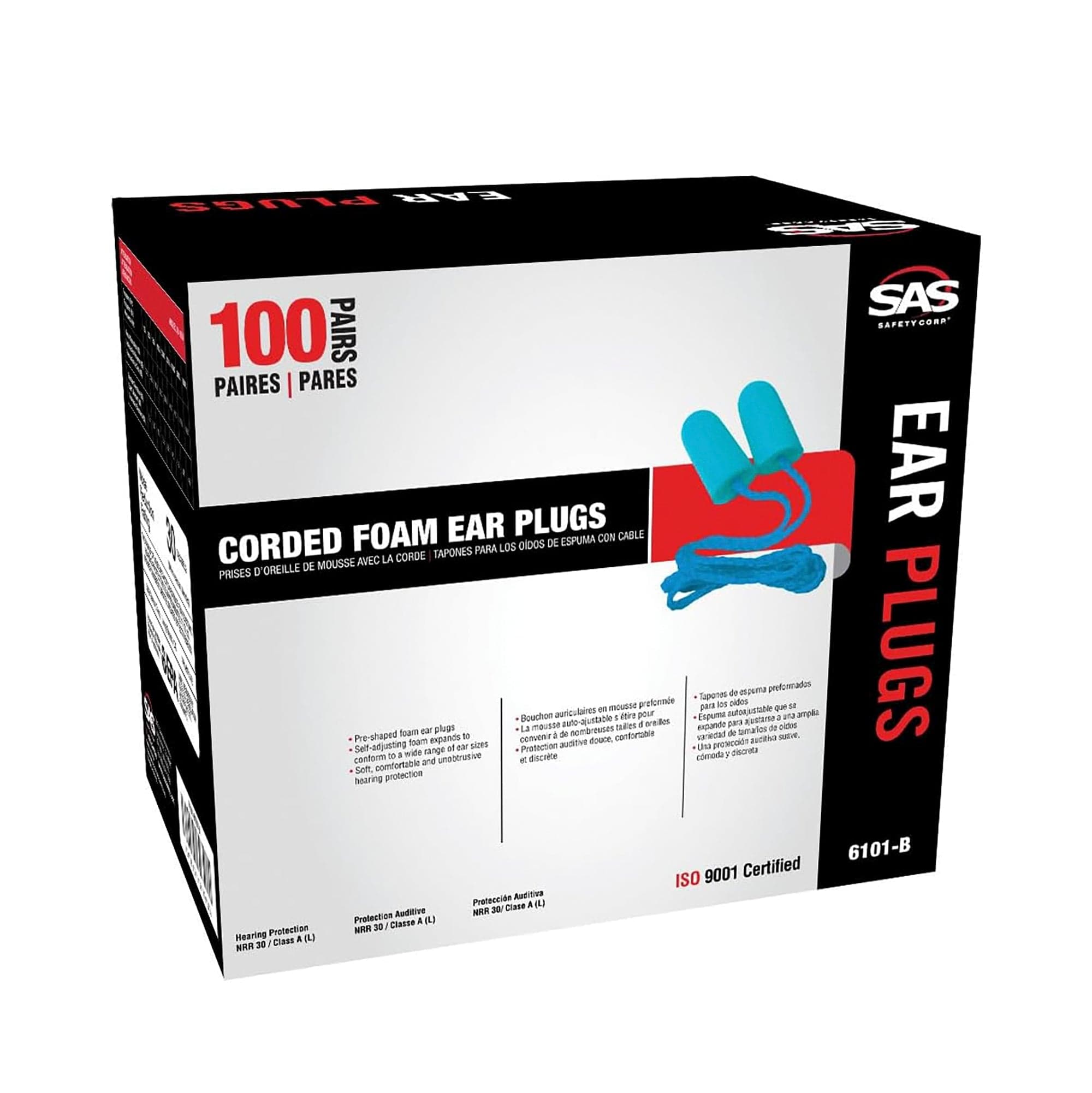 Corded Foam Ear Plugs - Box of 100 Pairs - SAS Safety Corp. 6101-B