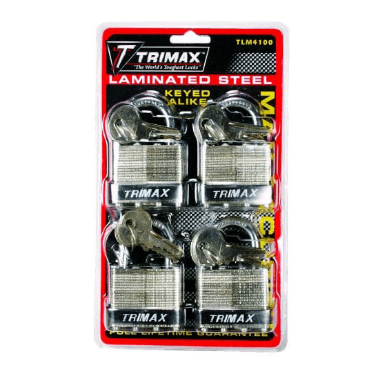 Trimax TLM4100 Keyed-Alike 40MM Padlocks w/1" x 1/4" Dia. Shackle (4 Pack)