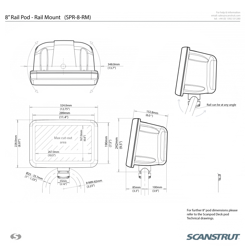 Scanstrut SPR-8-RM ScanPod Rail Pod Mount for Displays Up to 9"