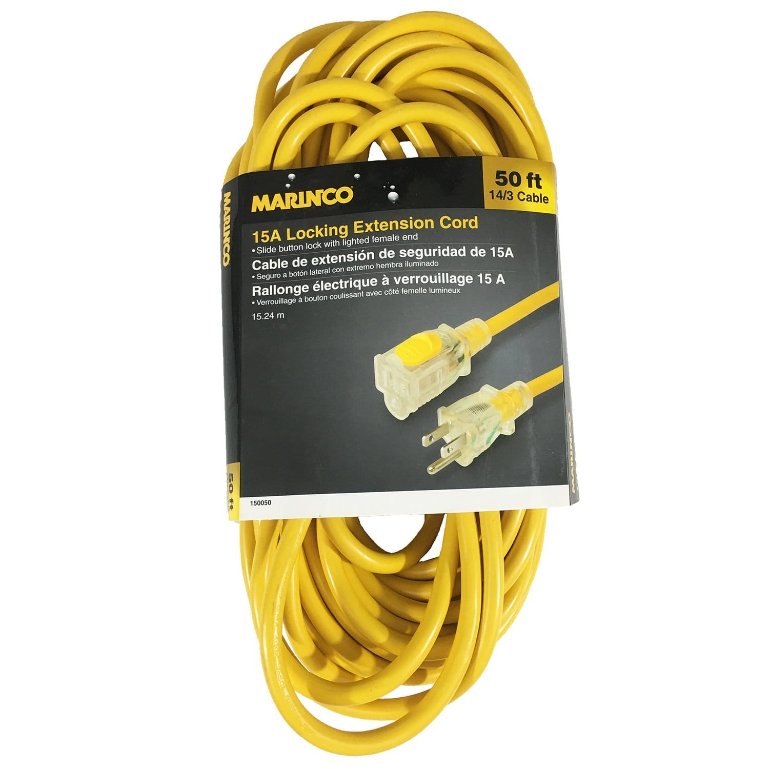 Power Products 150050 Marinco Extension Cord, 15A, 14/3, Locking, Lighted, 50'