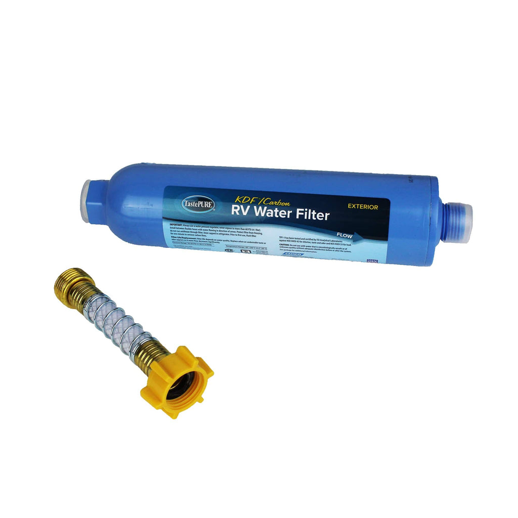 Camco 40043 TastePure Water Filter (KFD) W/ Flexible Hose Protector