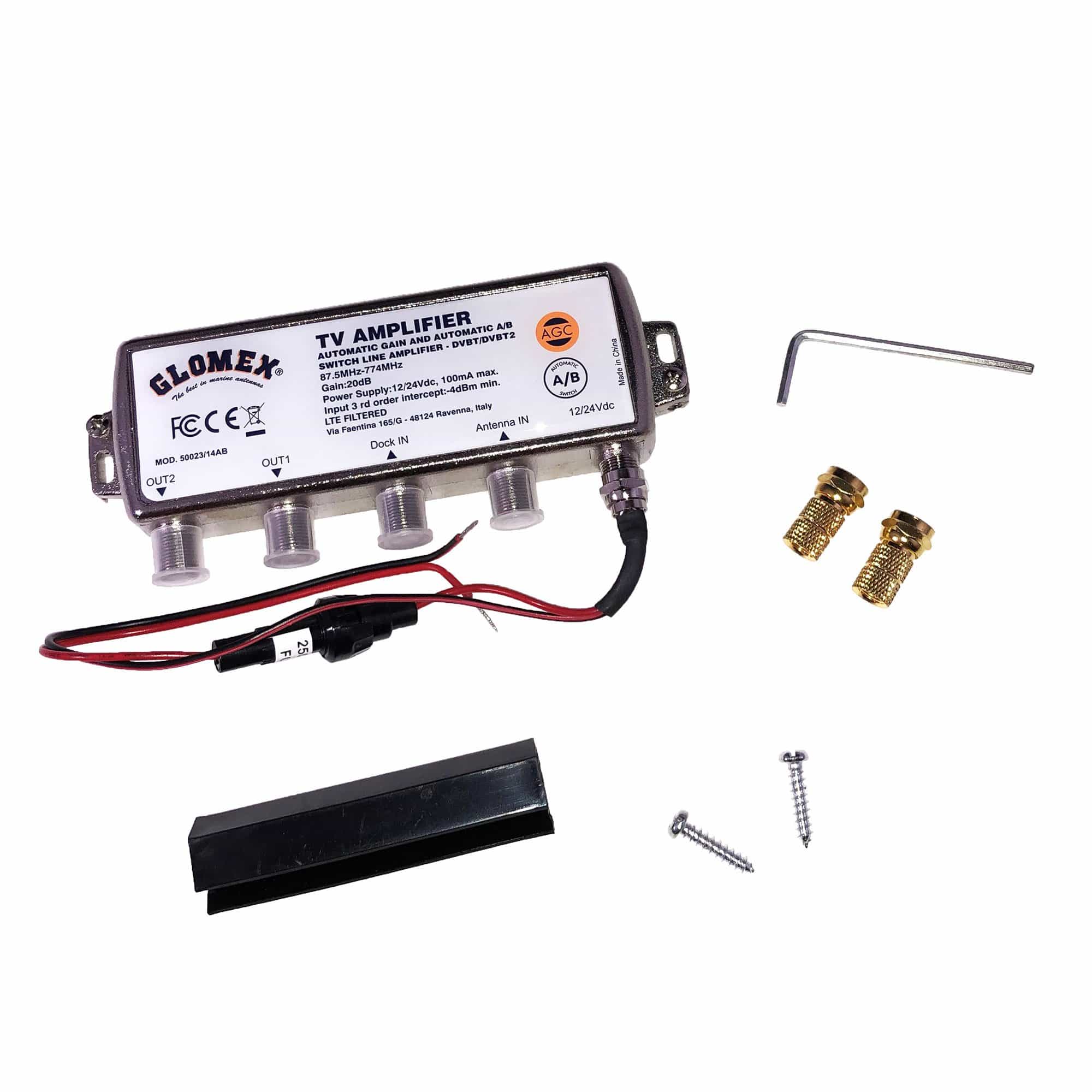 Glomex 50023/14AB Automatic Gain Control Amplifier, 12/24 V DC,  2 Tv Outputs