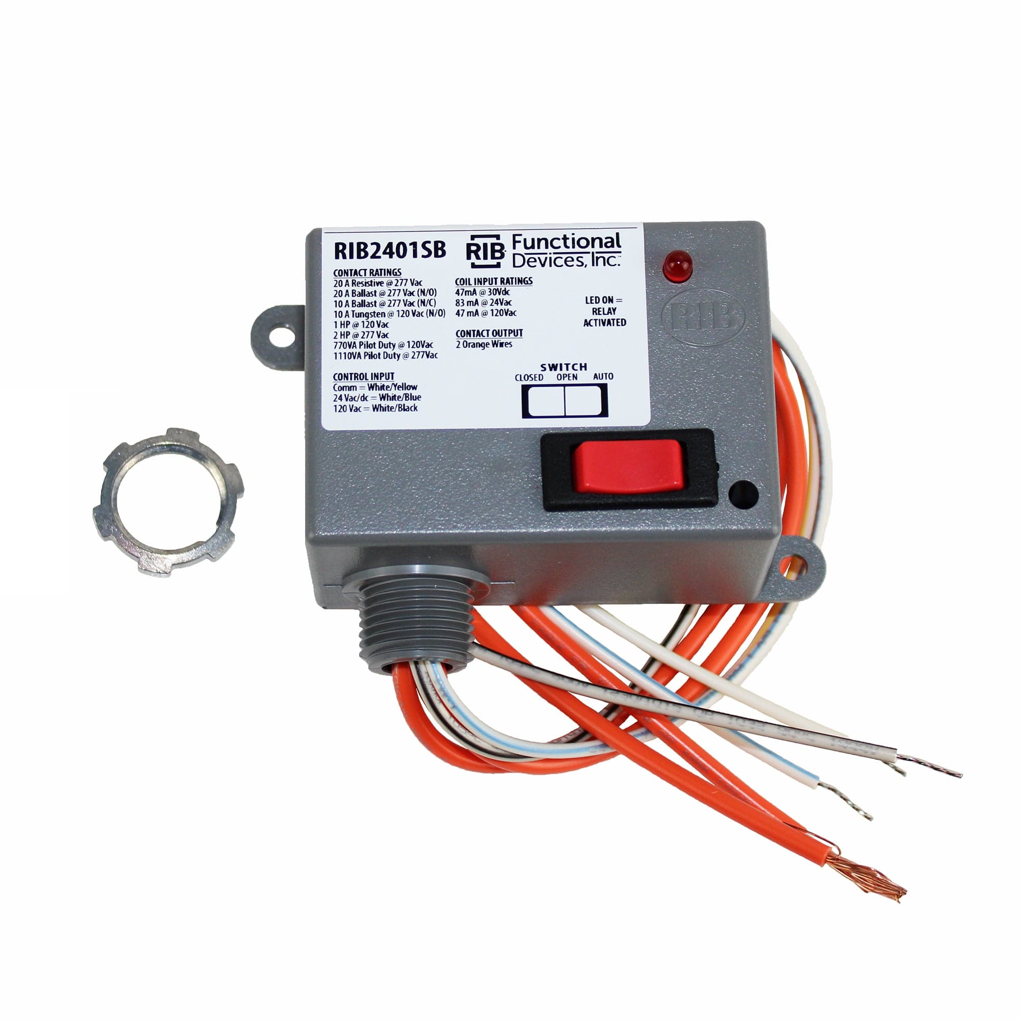 Functional Devices RIB2401SB RIB Enclosed Pilot Relay 20A + Override Switch