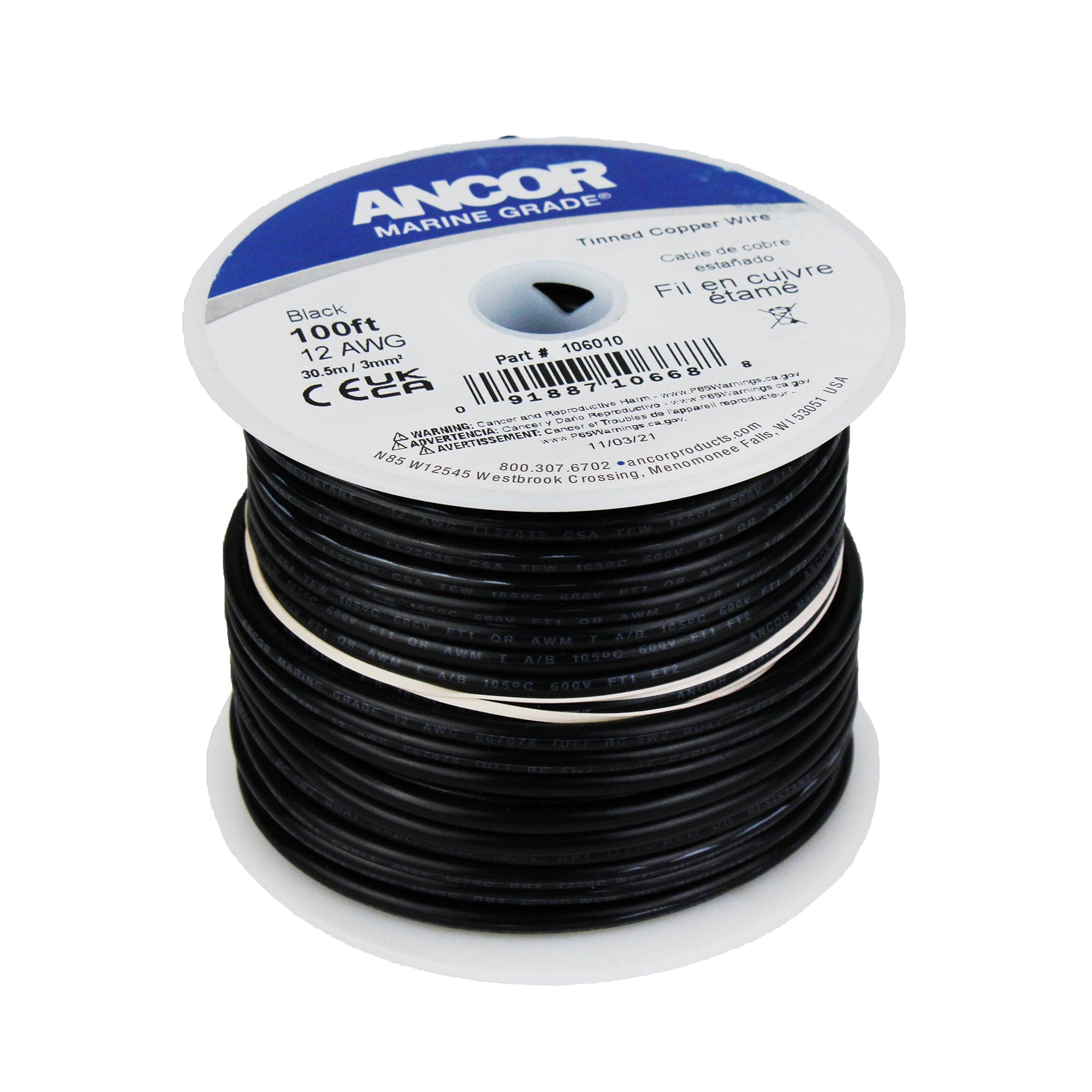 Ancor 106010 Tinned Copper Wire, 12 AWG (3mm2), 100 Ft. - Black