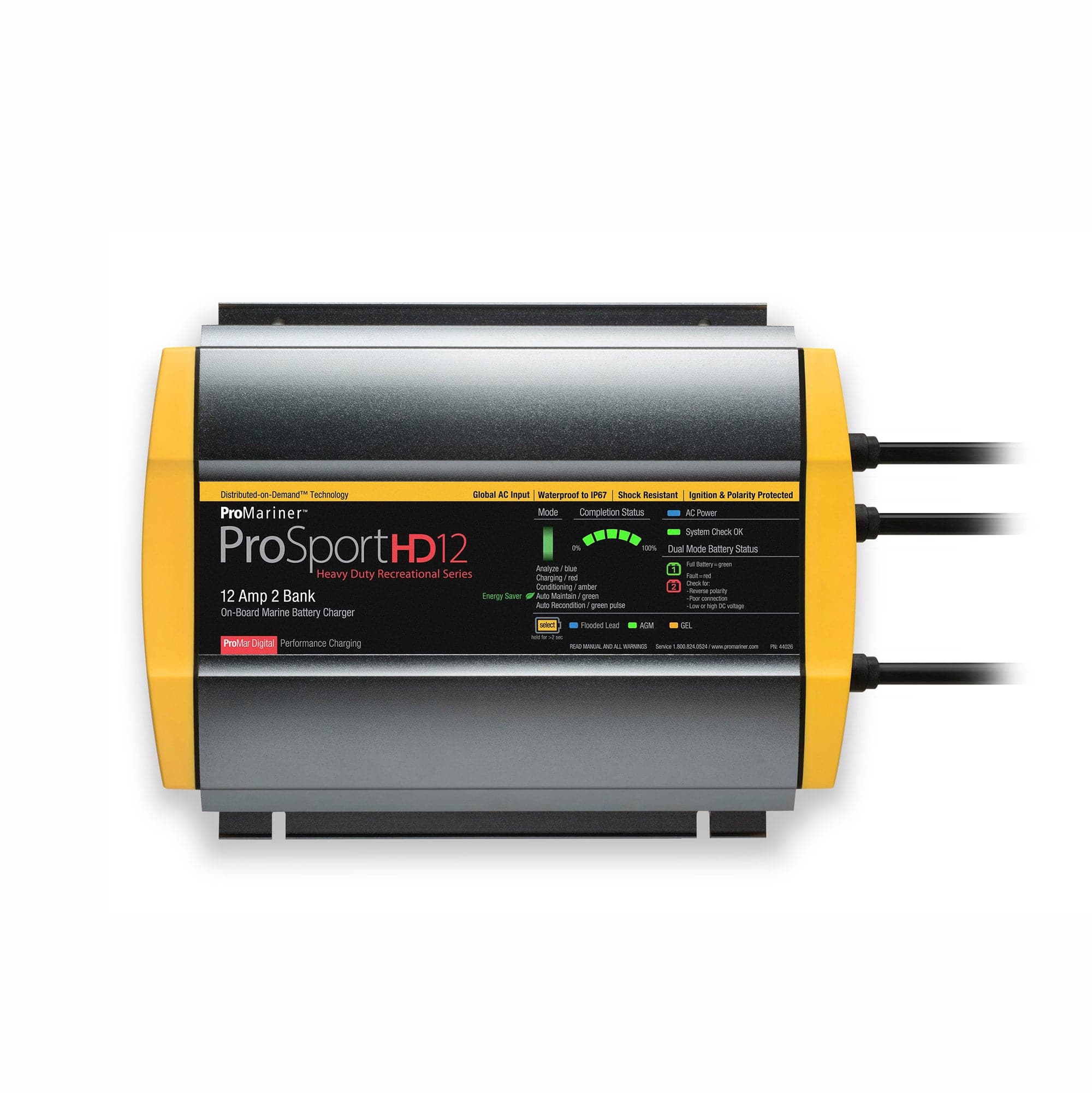 ProMariner 44026 Power Products ProSport HD 12 PFC, 12A, 2-Bank, Waterproof On-Board Battery Charger, Universal AC Input