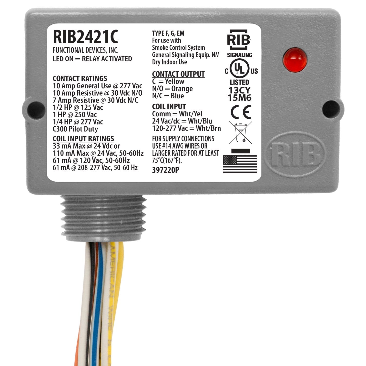 Packard RIB2421C Functional Devices Enclosed Pilot Relay 10 Amp SPDT 24VAC/DC/120-277VAC