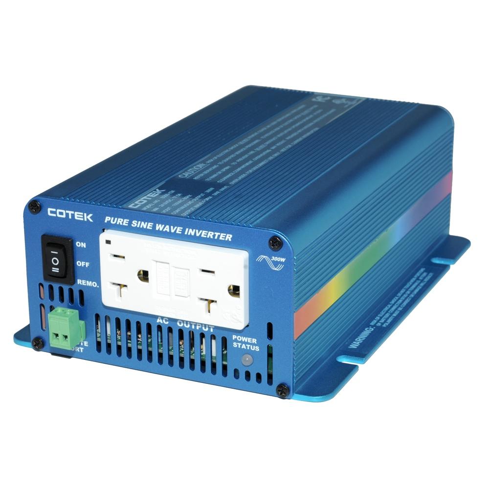 Cotek S300-112 300 Watt 12 Volt Low Frequency Microprocessor Controlled Pure Sine Inverter With GFCI Outlets And Cables