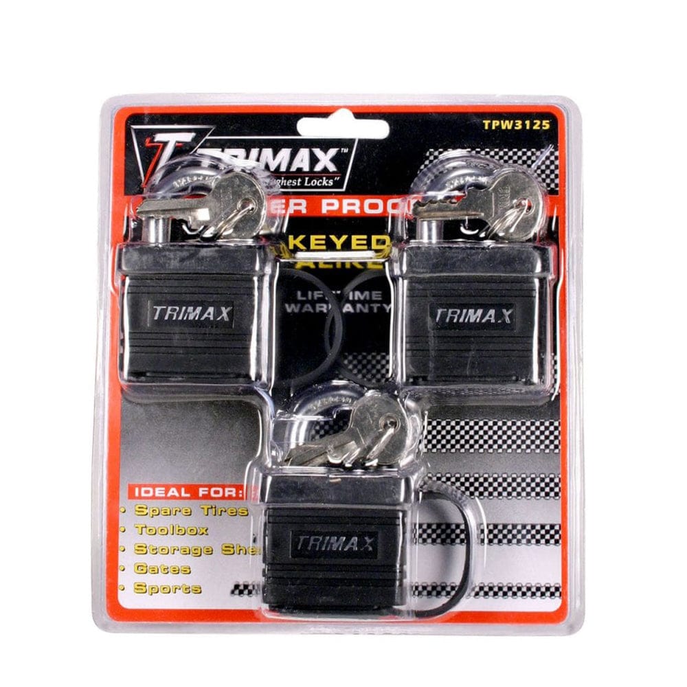 Trimax TPW3125 Dual Locking Keyed Alike Weatherproof Solid Steel Locks - 3 Pack