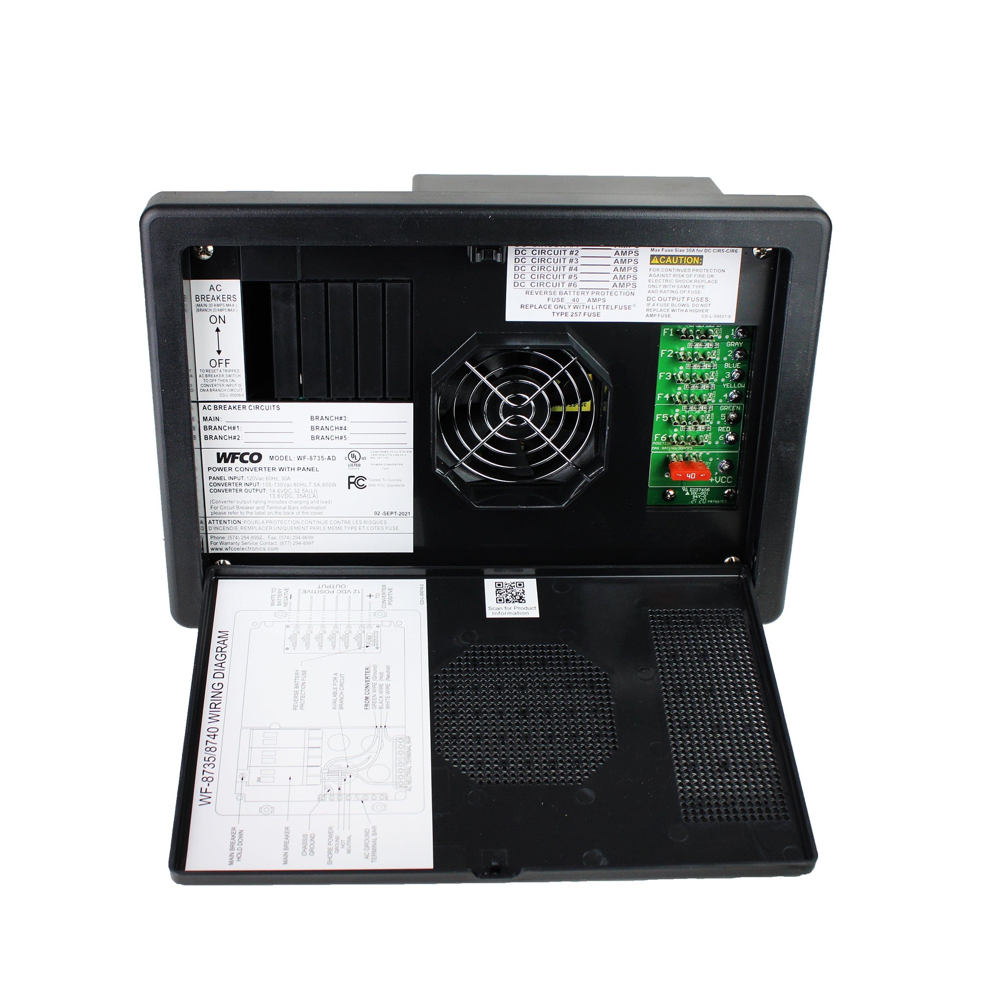 WFCO WF-8735-AD Auto Detect Converter/Charger W/ Distribution Center - 35A DC Output, 6 Circuits, Black