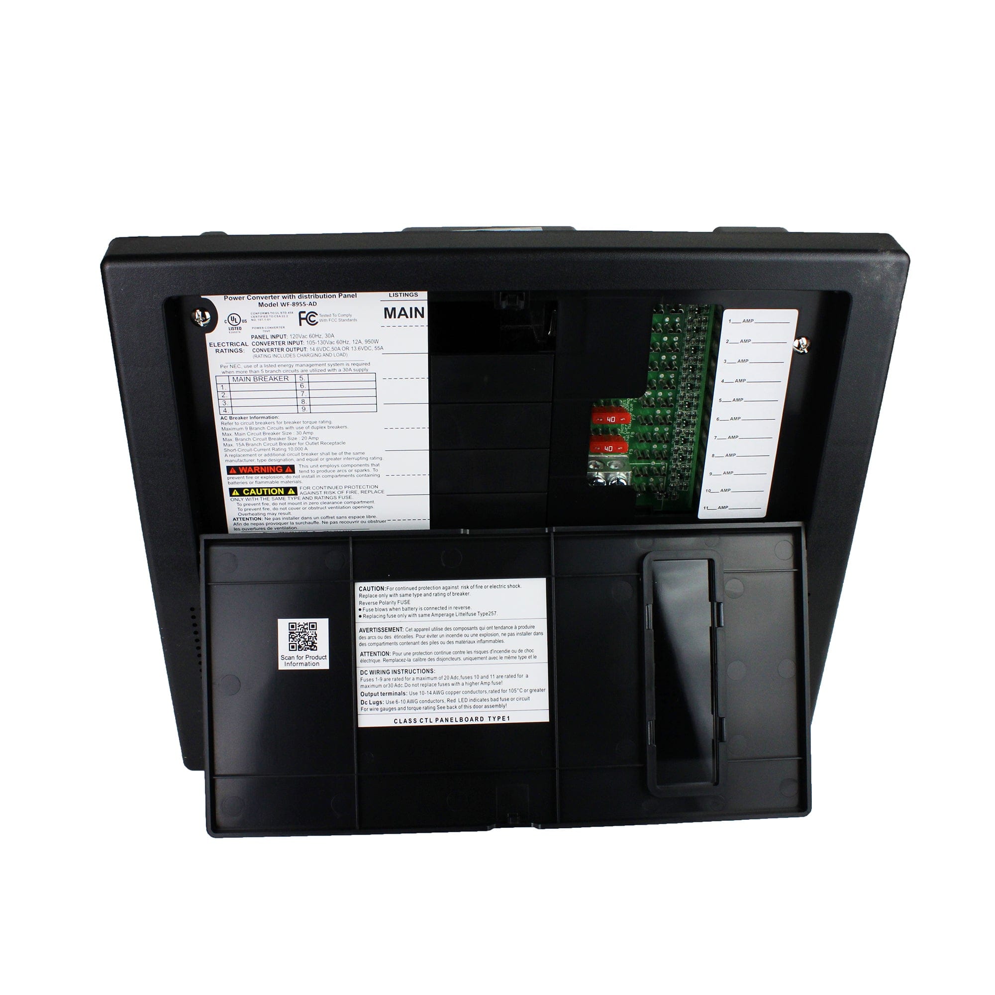 WFCO WF-8955-AD Auto Detect Converter Charger Distribution Center 11 Circuits, Black